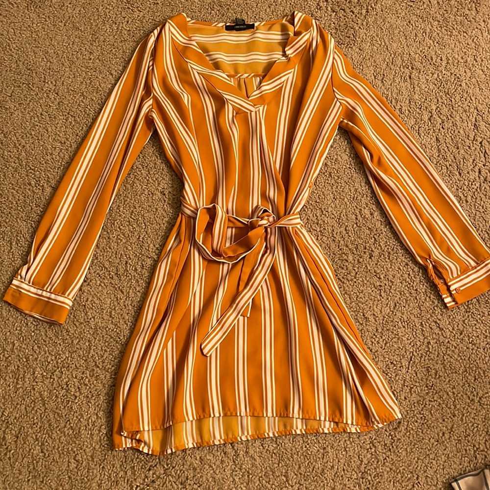 Mustard and white striped long sleeve dress